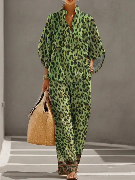 Women's Retro Leopard Art Print Casual 3/4 Sleeve Top And Pants Cotton Linen Suits