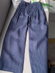 Women's Solid Color Pleated Drawstring Casual100% Cotton and Linen Wide Leg Pants