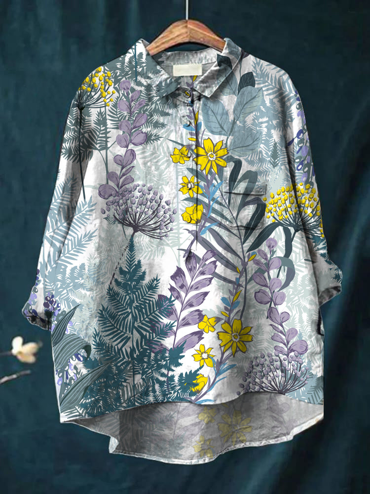 Women's long sleeved retro printed casual cotton and linen shirt