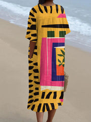 Vintage Abstract Art Print V-Neck Midi Dress