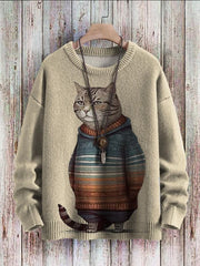 Cute Winter Cat Art Pattern Print Casual Knit Pullover Sweater