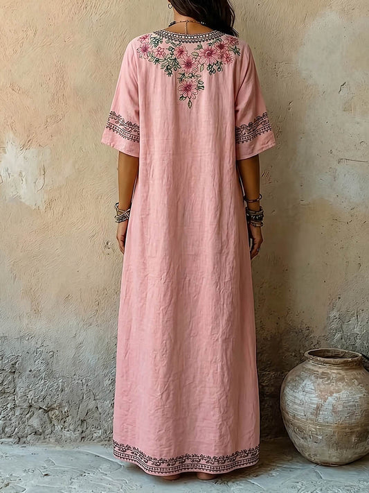 Women's Vintage-print V-neck Short-sleeve Casual Loose Cotton-linen Dress
