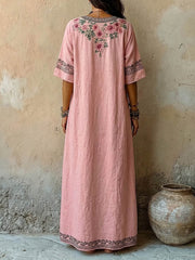 Women's Vintage-print V-neck Short-sleeve Casual Loose Cotton-linen Dress