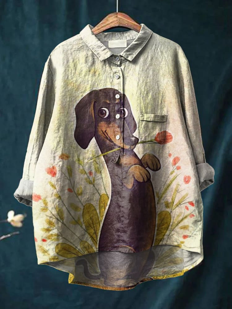 Women's A Dachshund Dog with A Flower In Its Mouth Print Casual Cotton And Linen Shirt