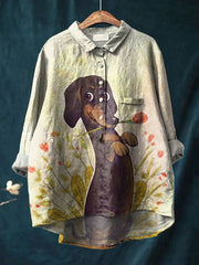 Women's A Dachshund Dog with A Flower In Its Mouth Print Casual Cotton And Linen Shirt