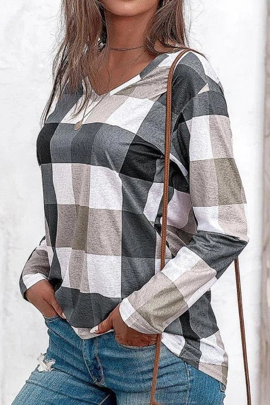 Plaid Print V-neck Long Sleeves Casual Sweatshirt
