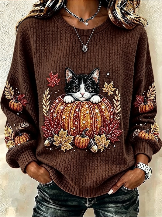 Casual Cat Crew Neck Long Sleeve Sweatshirt