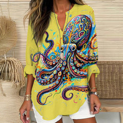Vintage Rainbow Octopus Art Print V Neck Long Sleeve Blouse