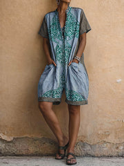 Women's Retro-print V-neck Short-sleeve Jumpsuit — Loose-fit Cotton-linen Wide-leg Casual Romper