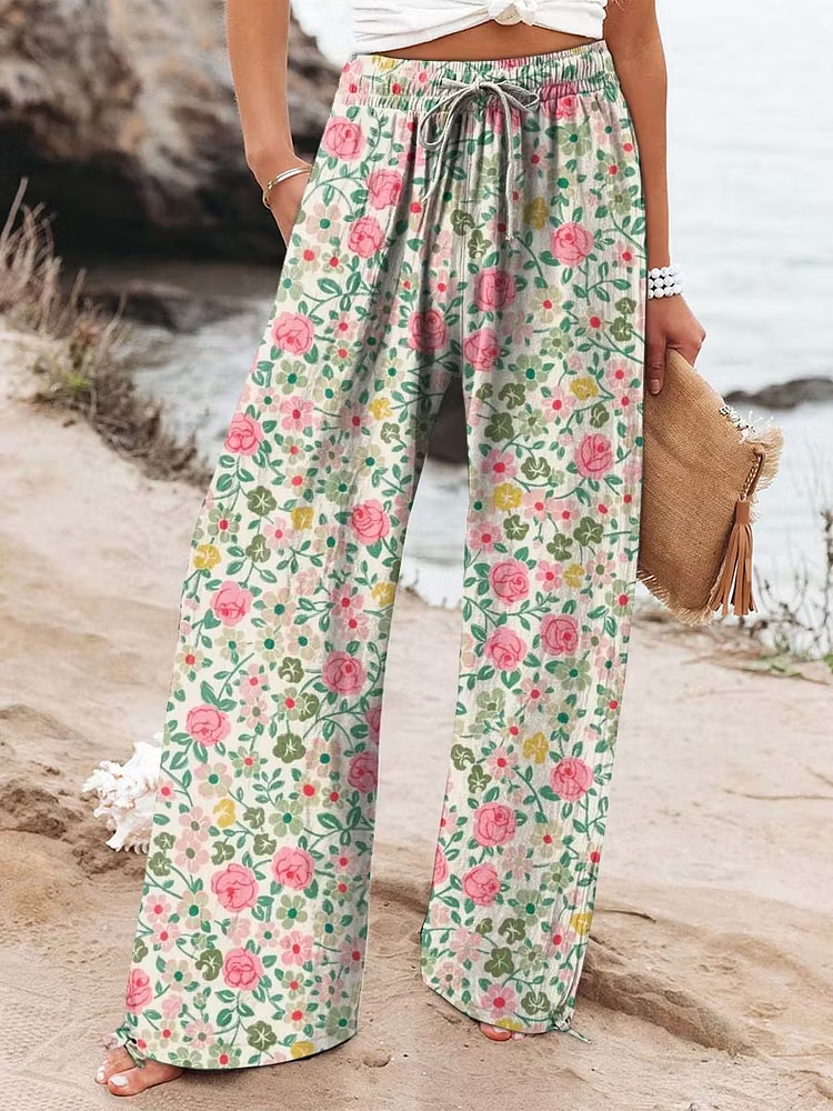 Women's  Vintage Flowers Art  Printed Cotton And Linen Casual Pants