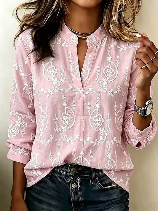 Women Floral Casual Blouse V Neck Long Sleeve Printing Top