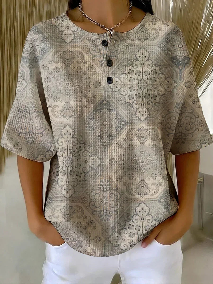 Women's Vintage Flowers Pattern Printed Casual Cotton Waffle Knit Sweatshirt RM602