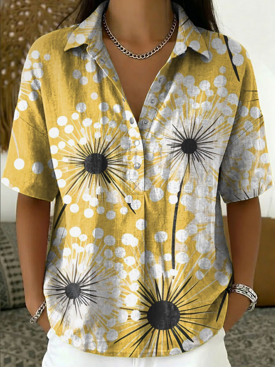 Women's Vintage Botanical Floral Casual Polo Collar Short-sleeved Linen And Cotton Shirt