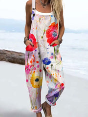 Women's Vintage Flowers Art Print Casual Cotton Wide Leg Jumpsuit