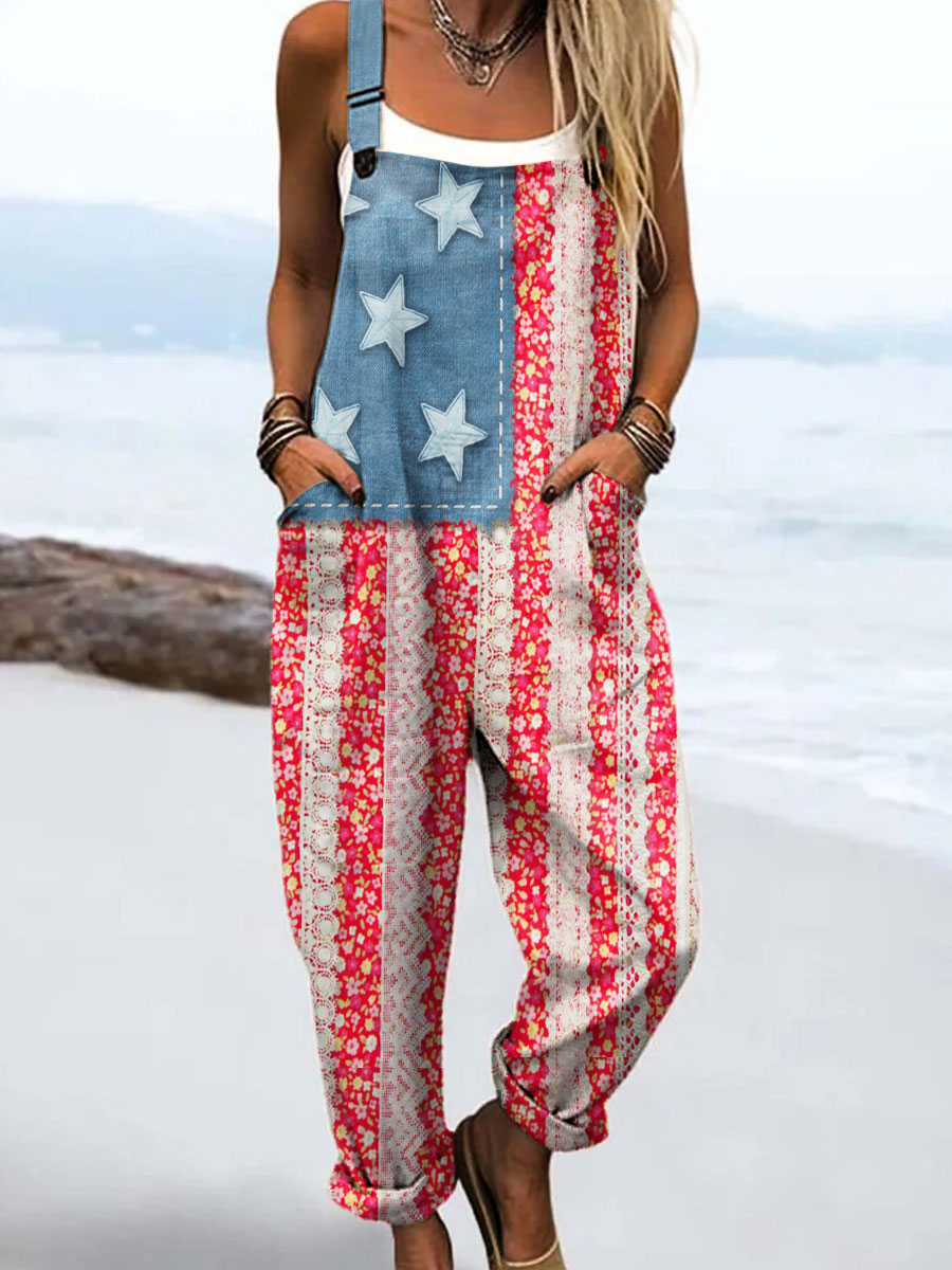 Women's Vintage Independence Day Print Casual Cotton Wide Leg Jumpsuit