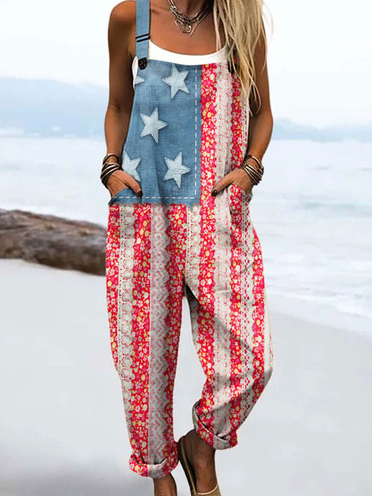 Women's Vintage Independence Day Print Casual Cotton Wide Leg Jumpsuit