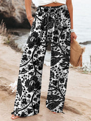 Women's Floral Art Printed Cotton And Linen Casual Pants