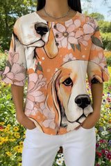 Womens Orange Abstract Dog Print Casual Waffle Cotton Shirt