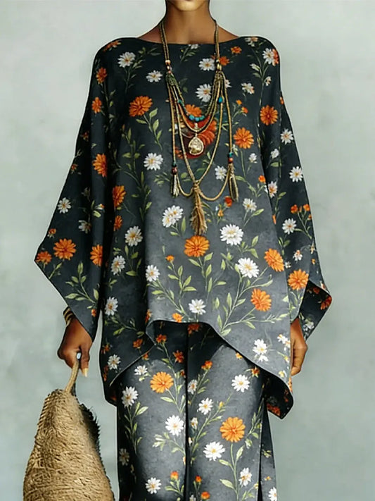 Women's Vintage Floral Art Comfortable Loose Cotton Linen Wide-leg Pants Two-piece Set