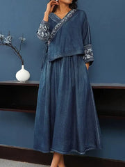 Women's Retro Ethnic Art Casual V-Neck Denim Top & Skirt Set
