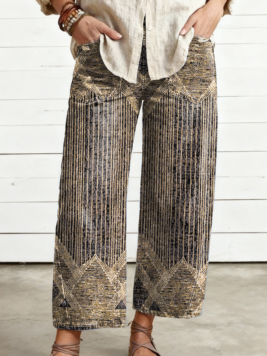 Women's Vintage Geometric Art Print Casual  Trousers With Pockets