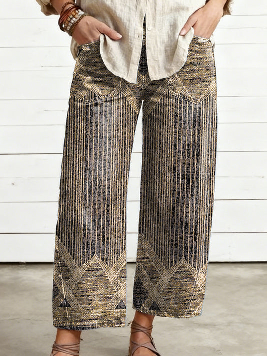 Women's Vintage Geometric Art Print Casual  Trousers With Pockets