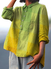Women's Yellow-green Art Mosaic Gradient Art Print Casual Cotton And Linen Shirt