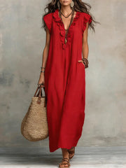 Ruffled Art Print Cotton-Linen Dress - Minimalist Sculptural Maxi