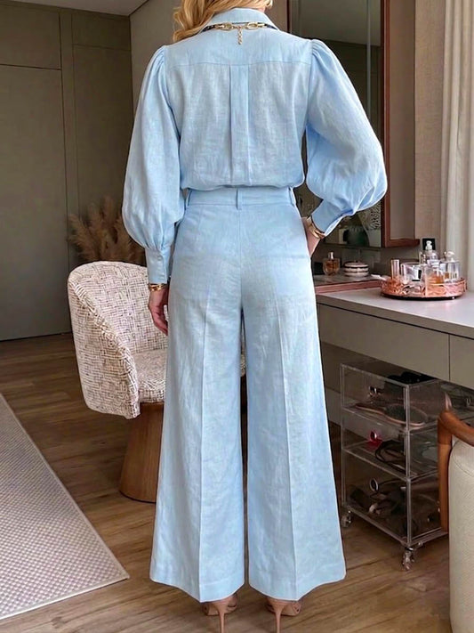 Women's Solid-color Cotton-linen Set: Collared Long-sleeve Loose-fit Cardigan And High-waisted Wide-leg Pants