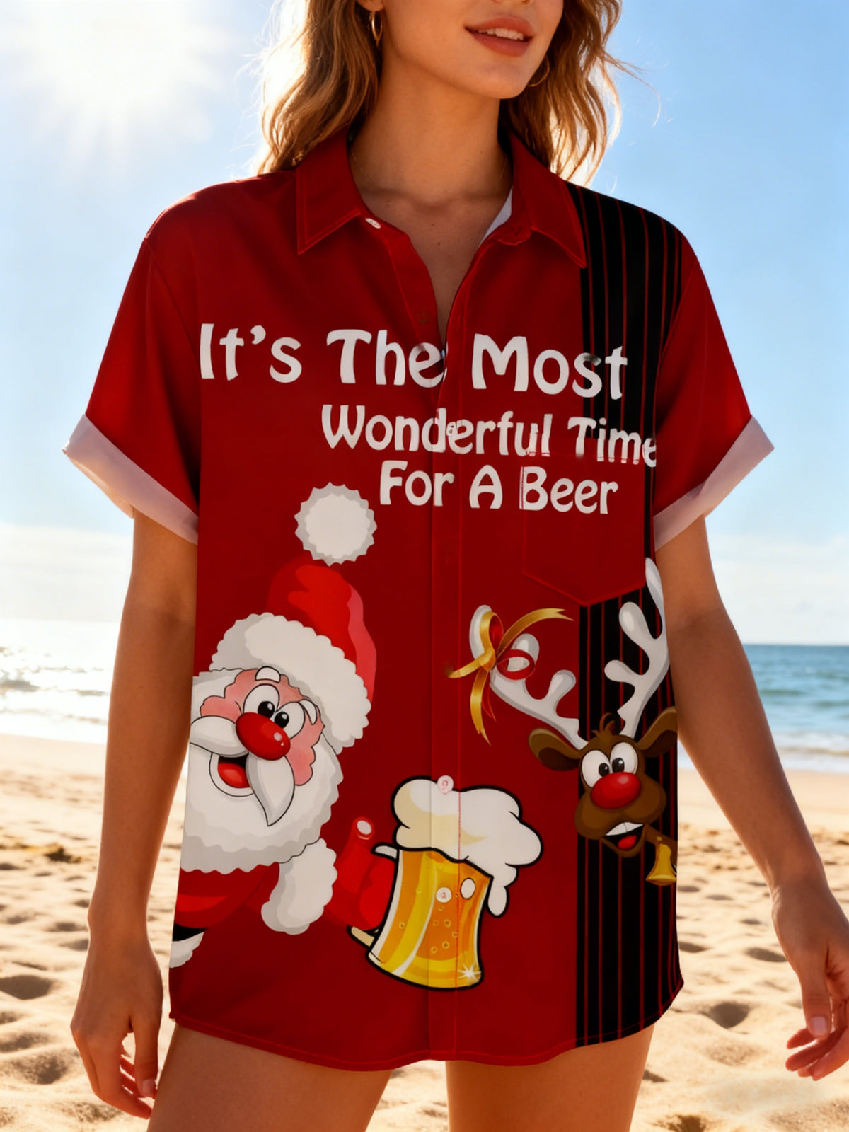 Women's Moisture-wicking Christmas Santa Claus Reindeer Beer Chest Pocket Bowling beach wearShirt
