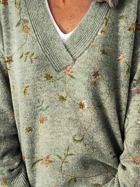Lovely Floral Art Print Knit V-neck Pullover Sweater