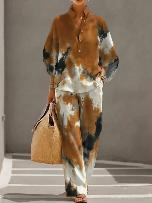 Women's Retro Art Print Casual 3/4 Sleeve Top And Pants Cotton Linen Suits