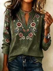 Women Geometric Casual Blouse V Neck Long Sleeve Printing Top