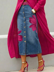 Casual Artistic Floral-print Denim Skirt