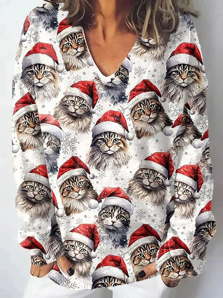 Women'S Christmas Cat Print Sweater