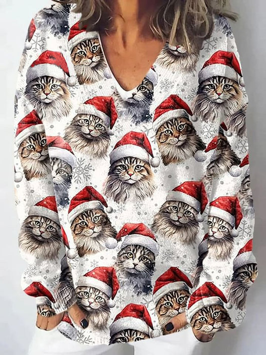 Women'S Christmas Cat Print Sweater