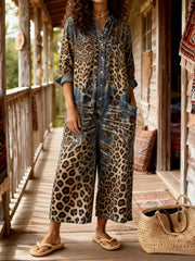 Women's Vintage Bohemian Art Print Casual Washed Cotton linen Denim Jumpsuit