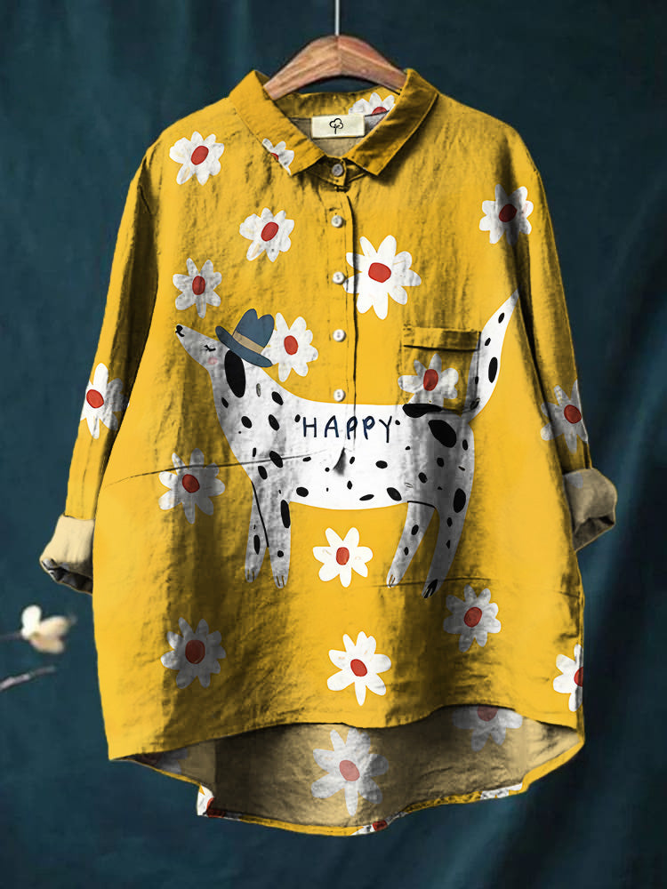 Simple Cartoon Spotted Dog With Daisy Print Cotton And Linen Shirt