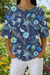 Womens Dark Blue Leaf Floral Print Casual Waffle Cotton Shirt