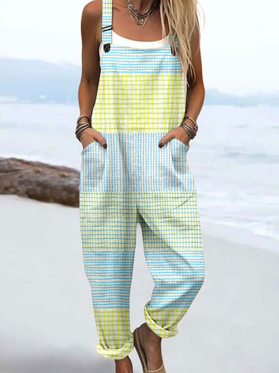 Women's Vintage Abstract Geometric Lines Art  Print Casual Cotton Wide Leg Jumpsuit