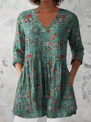 Women's Retro Floral Art Print Casual Cotton And Linen V-neck Top