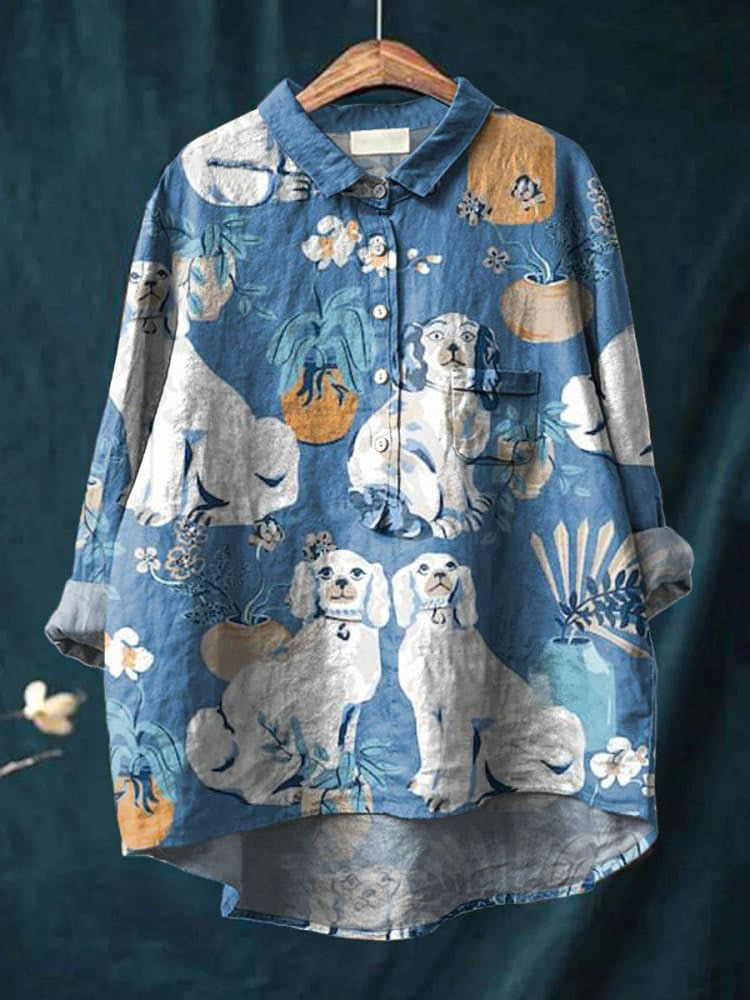 Vintage Lovely Dogs Art Print Casual Cotton And Linen Shirt