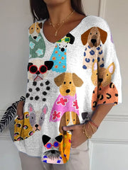 Women's Colorful Cartoon Puppy Print Casual Pullover Knit
