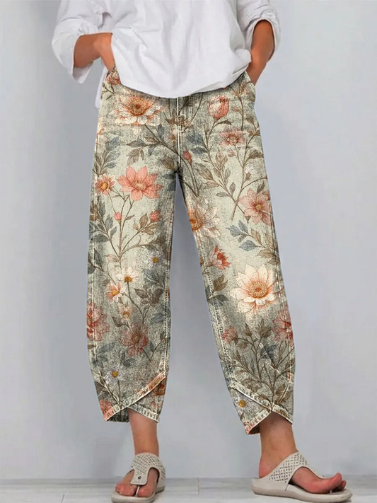 Women's Vintage Floral Pattern Art Print Casual  Denim Pants