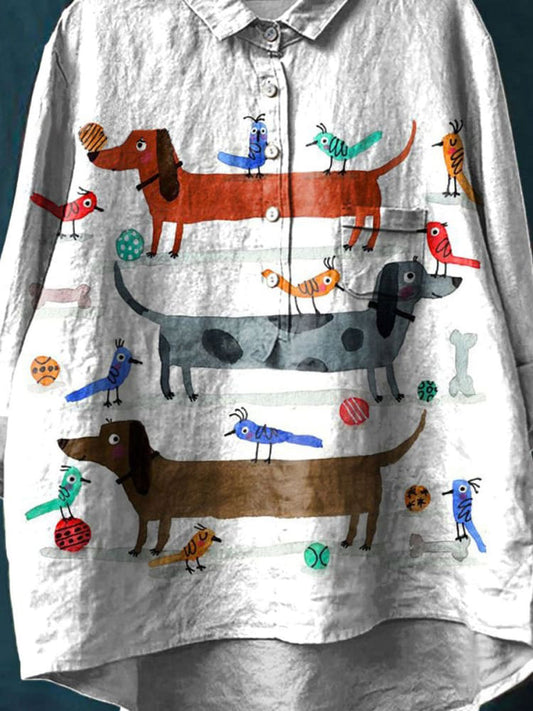 Vintage Lovely Dachshund Art Print Casual Cotton And Linen Shirt