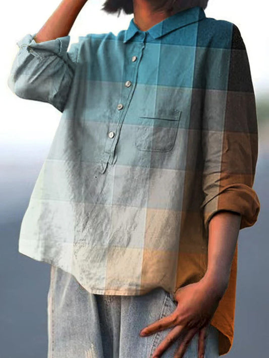 Women's Orange Blue Art Mosaic Gradient Art Print Casual Cotton And Linen Shirt