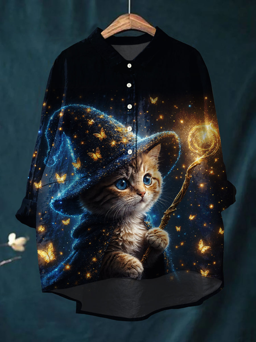 Women's Cat Art Print Casual Cotton and Linen Top