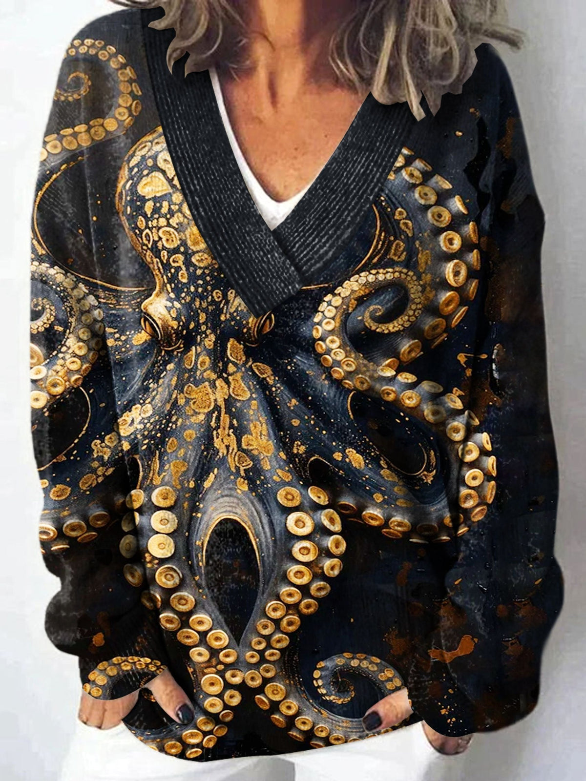 Vintage Fish Octopus Art Print Knit V-neck Pullover Sweater