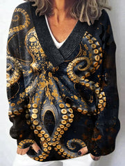 Vintage Fish Octopus Art Print Knit V-neck Pullover Sweater