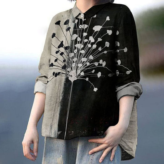 Women's Vintage Colorblock Print Casual Linen Shirt